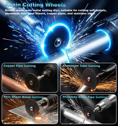 Pro 44Pcs Cutting Wheel Kit For Rotary Tools All In One Set showing resin disc cutting copper and aluminum pipes