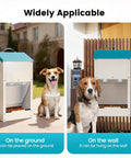 No Sweat Automatic Dog Feeder For Large Breeds With Galvanized Dry Food Dispenser and Clear Gravity Door Blocks Critters While Your Favorite Pup Enjoys Straight Up Chow Days Daily, shown on the ground and wall.