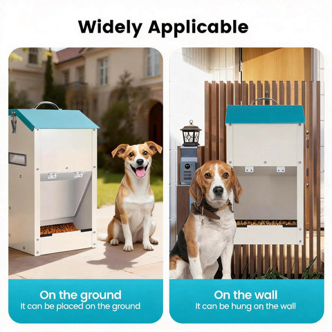 No Sweat Automatic Dog Feeder For Large Breeds With Galvanized Dry Food Dispenser and Clear Gravity Door Blocks Critters While Your Favorite Pup Enjoys Straight Up Chow Days Daily, shown on the ground and wall.
