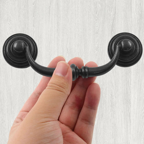 Killer Vintage Black Zinc Alloy Drop Bail Cabinet Pulls Set Of Six With Full Hardware Kit Perfect For Kitchen Cabinetry And Furniture Makeovers Slick Smooth Finish Upgrade, hand-held view.