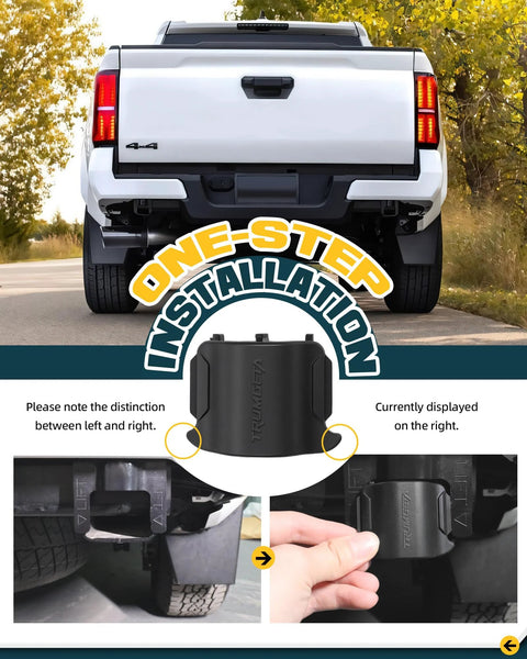 Rear view of white Toyota Tacoma with a pair of black rear bumper crossmember end caps; waterproof rubber stopper cover.