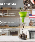 Stainless Steel Salt And Pepper Grinder Set Of 2 With Adjustable Ceramic Mills, filled with peppercorns using a green funnel.