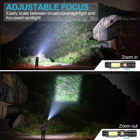 Person using Beast Bright LED Flashlight With Magnetic Tail COB Sidelight Zoomable Beam Waterproof 4 Modes Tactical Outdoor Light at night.