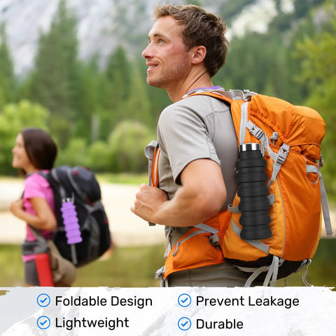 Collapsible 16oz Silicone Water Bottle With Carabiner For Gym Travel Camping Hiking Sports Lightweight BPA Free Leak Proof Foldable Design