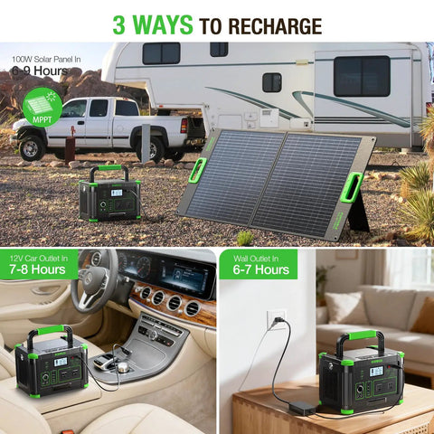 500W Portable Power Station With 519.48Wh Solar Generator Battery for camping with solar panel, car, and wall outlet recharging options