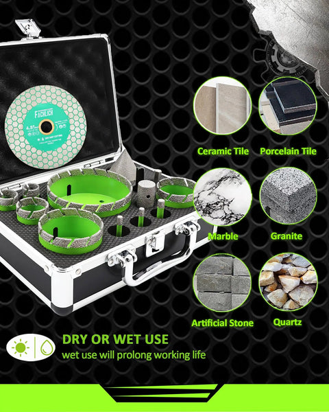 Tough As Nails 14 Piece Diamond Hole Saw Kit With Five Eighths Inch Thread and Precision Core Bits in a case, ideal for ceramic tile and brick.