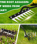 Heavy Duty 8 Tooth Iron Weeding Rake With Handle 2.0 used for root pulling and soil aeration, shown in multiple lawn and garden settings.