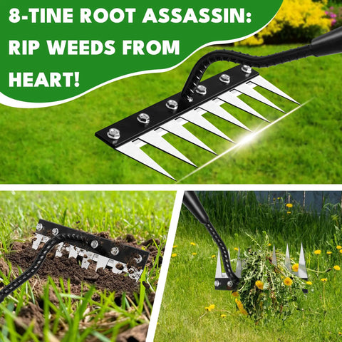Heavy Duty 8 Tooth Iron Weeding Rake With Handle 2.0 used for root pulling and soil aeration, shown in multiple lawn and garden settings.
