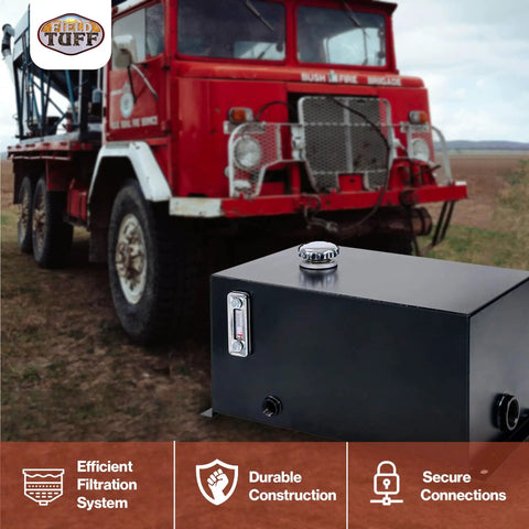 10 Gallon Welded Steel Hydraulic Reservoir Tank 14 Gauge Metal Construction Black Finish With 2 Inch Suction Port And 0.75 Inch Return Port For Reliable Fluid Storage And Smooth Pump Operation next to a red truck