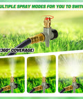 Two Pack Metal Lawn Sprinklers for Yard with 360 Degree Coverage, adjustable brass nozzles, and aluminum spike base shown in use