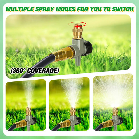Two Pack Metal Lawn Sprinklers for Yard with 360 Degree Coverage, adjustable brass nozzles, and aluminum spike base shown in use