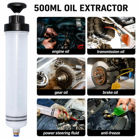 Heavy Duty 500ml Fluid Extractor Syringe For Brake Bleeding Manual Oil Transfer Pump With Clear Cylinder Tube To Monitor Flow, shown extracting multiple fluids.