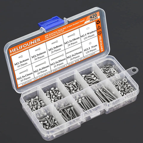 Kickass 304 Stainless Steel Hex Socket Head Cap Bolt Kit With Matching Flat Washers And Hex Nuts Total 420 Piece Assortment in clear case.
