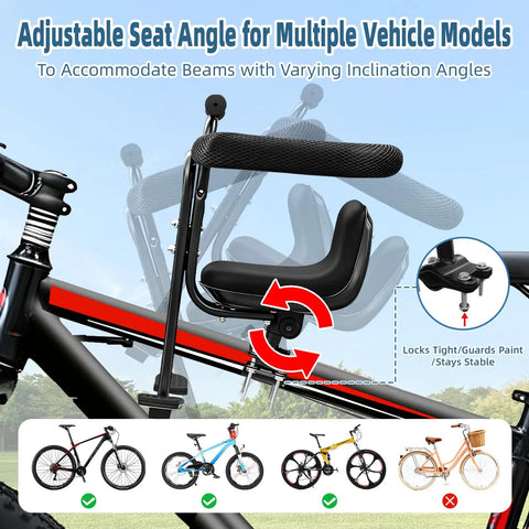 Front Mounted Child Bike Seat For Adult Mountain Bikes With Full Guardrail And Foot Pedals And Removable Foot Straps shown on bike