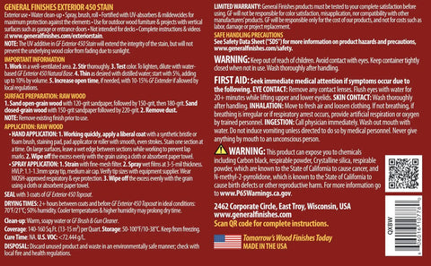 Product labeling for Exterior 450 Water Based Wood Stain In Black Walnut 1 Quart, showing instructions and safety warnings.