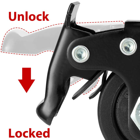 Close-up of Built Tough Heavy Duty Swivel Casters 1.5 Inch with locking brakes showing lock mechanism and nylon wheel.