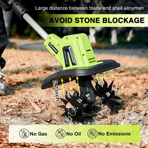 22V Cordless Garden Tiller Cultivator For Soil Preparation And Weeding Lightweight Rototiller operating in garden with light green body