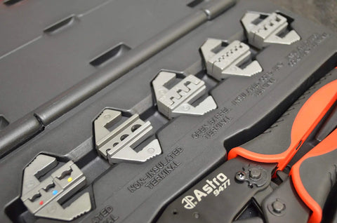 7-Piece Quick Interchangeable Ratchet Crimping Tool Set for Wire Terminals with C D F H Jaws in black carrying case