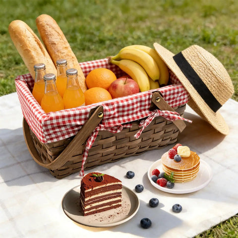 Dual Size Picnic Basket Set With Double Folding Handles 16 Inch Woodchip Woven Basket With Removable Red And White Liner For Weddings Camping Outdoor Use Candy And Egg Gathering Storage filled with bread, fruit, and drinks on a picnic blanket.