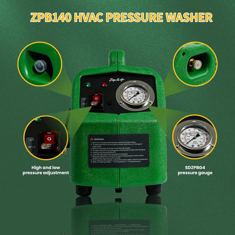 Portable HVAC Coil Cleaner Kit For Home And Pros, 120V 80W AC Washer Delivers Four Liters Per Minute At 0.7 To 1.0 MPa, Complete Set With Mini Pump, High Pressure Gun, Detachable Filter, Five Meter Inlet Hose, Sixteen Point Four Foot Outlet Hose; green unit with pressure gauge