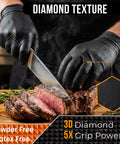 ANBOSON black nitrile gloves with diamond texture, front view; 10 mil, powder-free, heavy-duty, used to slice meat.