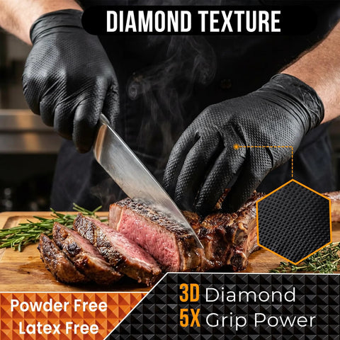 ANBOSON black nitrile gloves with diamond texture, front view; 10 mil, powder-free, heavy-duty, used to slice meat.