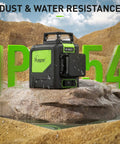 Cross Line Laser Level With 2x360 Green Beams, Self Leveling, Pulse Mode, dust and water resistant, on rocky surface