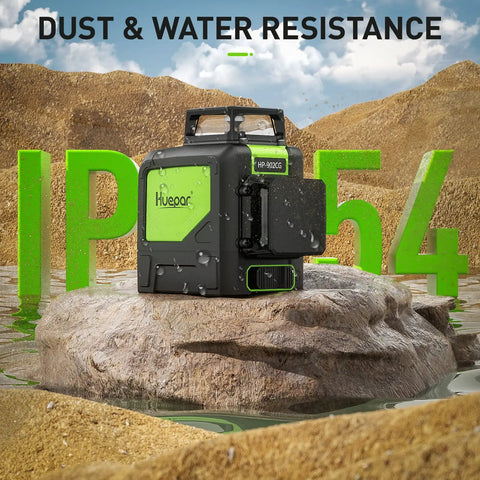 Cross Line Laser Level With 2x360 Green Beams, Self Leveling, Pulse Mode, dust and water resistant, on rocky surface