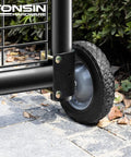 8 Inch Heavy Duty Gate Wheels Two Pack Side Mount Casters Built To Kick Sagging Gates To The Curb close-up view of wheel on steel tubing