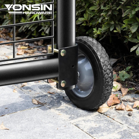 8 Inch Heavy Duty Gate Wheels Two Pack Side Mount Casters Built To Kick Sagging Gates To The Curb close-up view of wheel on steel tubing
