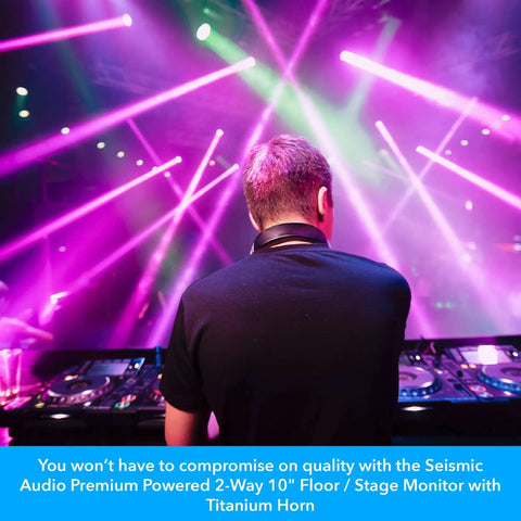 DJ using Premium Powered 2 Way 10 Inch Floor and Stage PA Monitor with Titanium Horn Active Speaker Delivering 250 Watts RMS