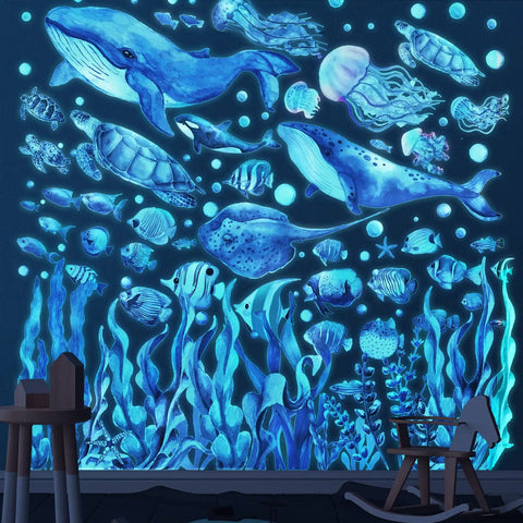 Glow In The Dark Under The Sea Wall Decals Set With Five Sheets Including Turtle, Jellyfish, Seaweed And Ocean World Theme For Bathroom