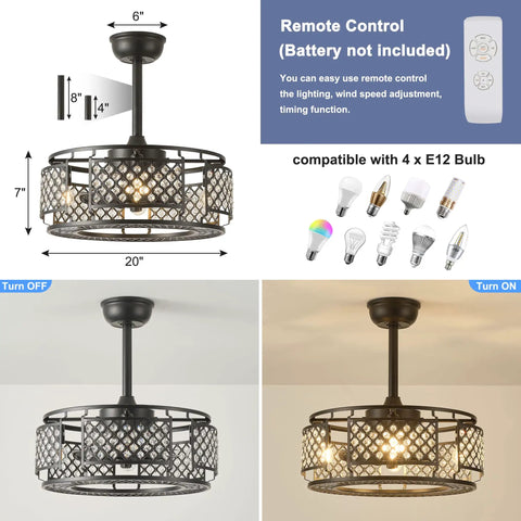 Farmhouse Crystal Cage Ceiling Fan With Remote Light 3 Speeds Cozy Vibe, 20-inch black metal with crystal detailing.