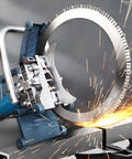 8800W Wet Masonry Ring Saw With Anti Vib Cushion Grip And Water Cooling For Dust Free Concrete Granite Marble Cutting Includes Dual 23 Inch Diamond Blades in action with sparks.