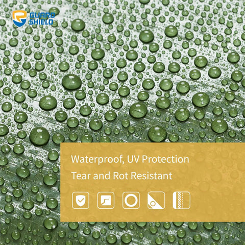 Close-up of Green Waterproof Tarp 16x20 Feet Heavy Duty All Purpose Poly Cover With 7 Mil Thickness showing raindrops on surface