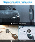 Portable Level 1 And 2 Ev Charger Cord 3.84Kw Fast Charge With 23Ft Heavy Duty Cable shown in rain with IP54 weather protection.