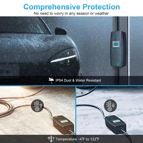 Portable Level 1 And 2 Ev Charger Cord 3.84Kw Fast Charge With 23Ft Heavy Duty Cable shown in rain with IP54 weather protection.