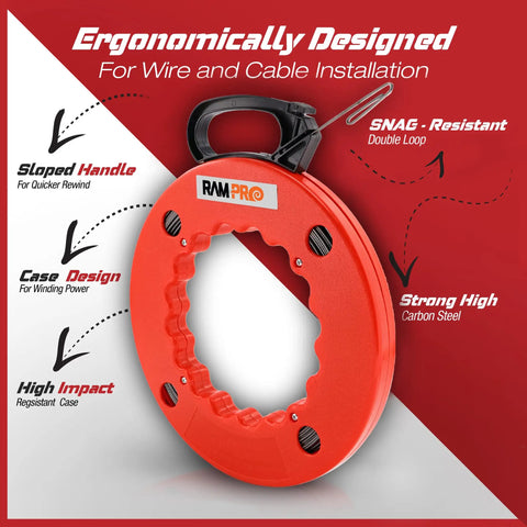 Heavy Duty Fish Tape Wire Puller 200 Ft No Fuss With Double Loop Tip featuring durable red housing and ergonomic handle