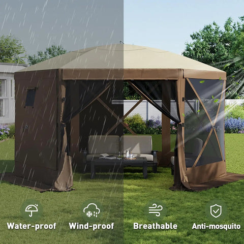 12x12 Foot Pop Up Canopy Tent With Mesh Panels, Bug Free Outdoor Gazebo Shade For Camping, showing waterproof and anti-mosquito features