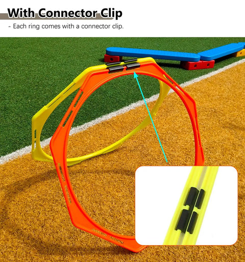 Octagon RC FPV Racing Training Set With PVC Drone Obstacle Course Gates Kit showing orange and yellow rings with connector clips on grass.