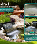 Waterfall Kit With 8 Inch Spillway 660 GPH Pump And Filter Cage 10 Ft Corrugated Tubing Premium Filter Media shown in garden pond setup