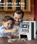 Father and son using Realistic ATM Piggy Bank For Kids With Real Money Deposits Debit Card Bill Feeder Coin Recognition