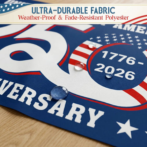 Close-up of Patriotic Outdoor Flag Commemorating the USA 250th Anniversary With God Bless America and Liberty Symbols showcasing water resistance