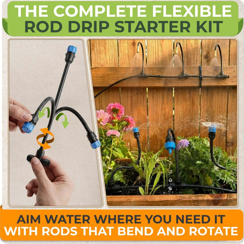 Flexible Drip Irrigation Kit For Gardens 50 Foot Run With 16 Adjustable Nozzles installed in garden bed