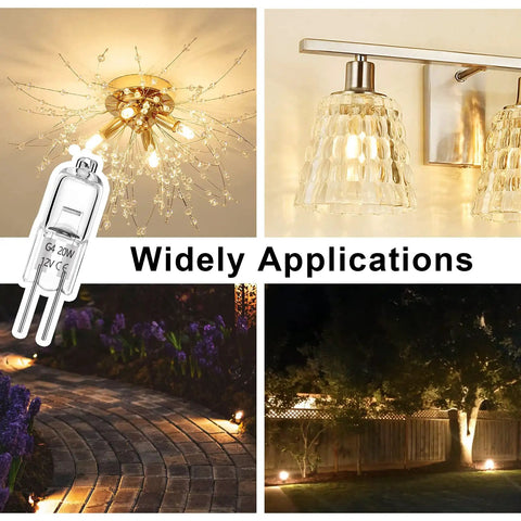 G4 Halogen Light Bulbs Replacement 20W 12V JC Type T Dimmable Bi-Pin 2700K showcasing various lighting applications