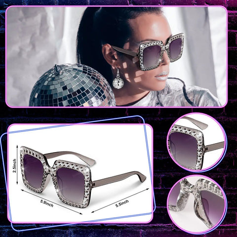 Disco Party Costume Accessories Set For Women A 5 Piece Vintage 60s 70s Look Including Necklace, Disco Ball Earrings, Headband, Ring, Glasses And Sunglasses For Retro Night Out And Club Vibe, featuring large rhinestone sunglasses and disco ball.