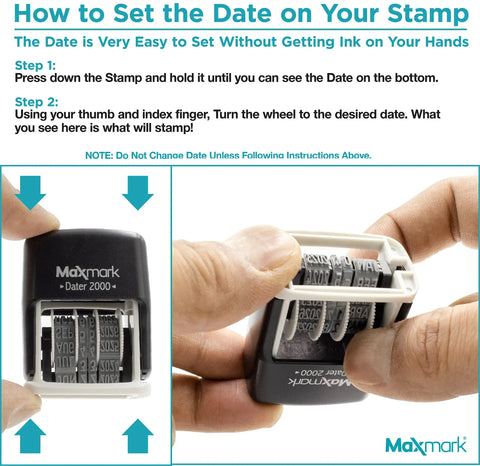 Heavy Duty Self Inking Date Stamp Drop Dead Easy To Use Slick Black Housing One Piece Replaceable Band 1 8 X 3 4 Inch Impression Built In Finger Guard Keeps Hands Clean Zero Hassle Essential, user adjusting date wheel.
