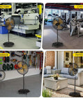 Whisper Quiet 24 Inch Industrial Pedestal Fan With Brushless DC Motor 5000 CFM shown in factory, gym, garage, and patio settings.