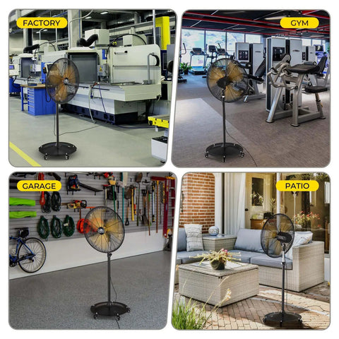 Whisper Quiet Industrial Outdoor Pedestal Oscillating Fan With Remote Control 20 Inch 4000 CFM Brushless DC Motor Waterproof Energy Saving 50 Percent Ideal For Garage Warehouse Patio And Commercial Spaces in factory, gym, garage, patio settings.