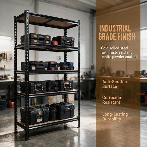 Premium Rock Solid Black Metal Five Tier Storage Shelving Unit With Quick Adjust Shelf Brackets For Garage Organization And Basement Utility Rack Setup displaying black storage boxes.